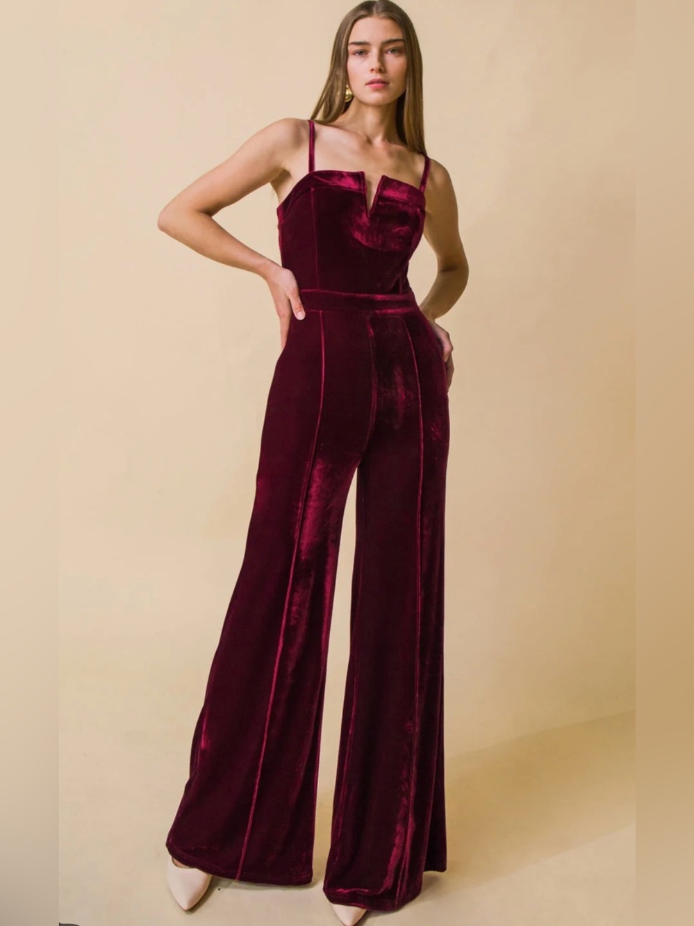 Elegant Burgundy Velvet V-Notch Wide Leg Jumpsuit M